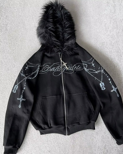 2026 New American Fashion Trend Goth Printed Zipper Hoodie Women Street Hip Hop Punk Rock Sweatshirt Unisex Casual Loose Hoodie, produit gaming premium Fraquane