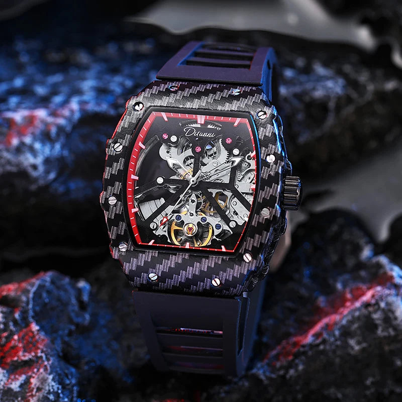 Tourbillion Mechanical Watch for Men Silicone Strap Skeleton Tonneau Automatic Mens Watches Top Brand Luxury Reloj Hombre