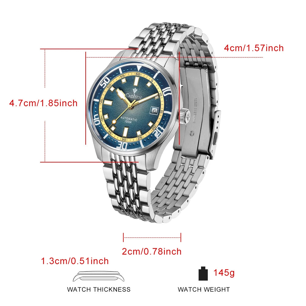CADISEN Automatic Mechanical Watch Men's Silver Business Casual Waterproof Watch Japan MIYOTA 8215 Movement Domed Glass Men's Watch