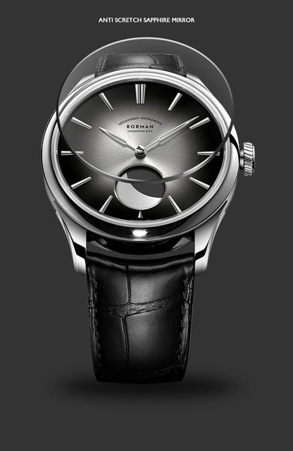 Borman Men's Automatic Watches, Luxury Moon Phase Mechanical Wristwatch, Fashionable 50M Waterproof with Sapphire Leather Strap