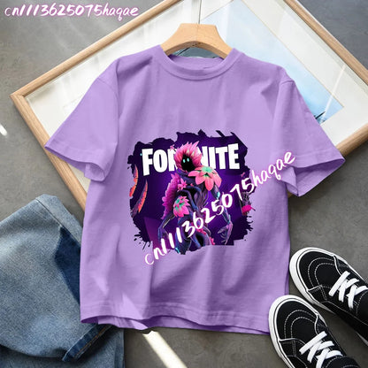 T-shirts Fortnite para Criança com Figuras Anime Estampadas, Tops de Desenho Animado Fortress Night, Roupa de Verão para Meninas, Manga Curta, Pullover Tees