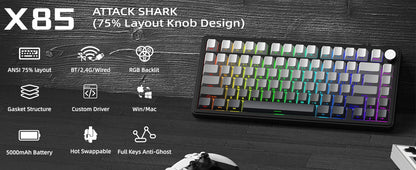 ATTACK SHARK X85 Tri-mode Gasket 75% Mechanical Keyboard with CNC Knob, 5-Layer Padding, Hot Swappable, RGB Backlight, NKRO