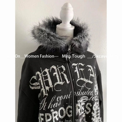 American Vintage Black Faux Fur Sweatshirts Women Letter Printed Subculture Coats with Hooded Female Gothic Harajuku Jackets Y2k, Produit gaming premium Fraquane