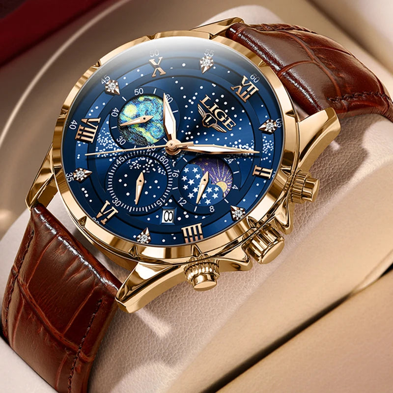 Montre pour homme LIGE – Montre à quartz de luxe, style décontracté, bracelet en cuir, idéale pour le travail ou le sport, étanche, avec date et chronographe.