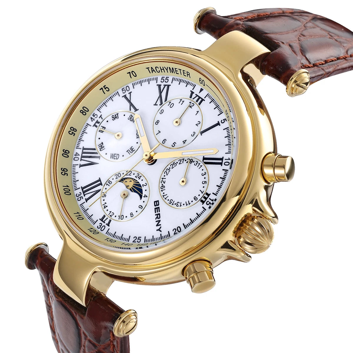 Montre automatique pour homme BERNY, style rétro, avec affichage Soleil et Lune, aiguilles luminescentes et mouvement ST1652 ; une montre mécanique classique et élégante, dotée d'un bracelet en cuir véritable.
