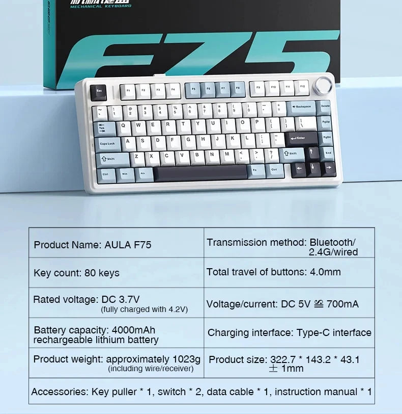 AULA F75 2.4G Wireless/Bluetooth/Wired Gaming Mechanical Keyboard RGB Customized 75% Layout OEM Profile Gasket PC Game Keyboard