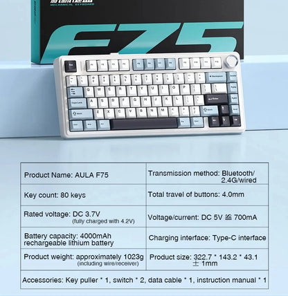 AULA F75 2.4G Wireless/Bluetooth/Wired Gaming Mechanical Keyboard RGB Customized 75% Layout OEM Profile Gasket PC Game Keyboard