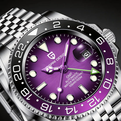 Relógio mecânico para homem Pagani Design GMT – Modelo de luxo com vidro de safira, caixa em aço inoxidável e luneta em cerâmica – Relógio automático para homem, estilo profissional