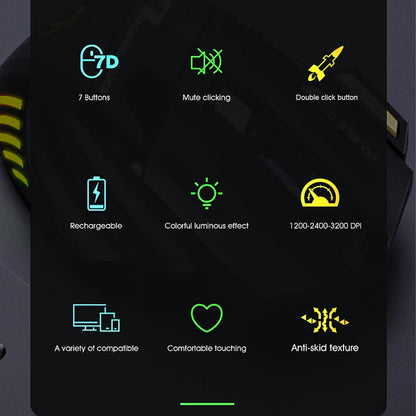 Wireless Rechargeable Optical Mouse RGB Breathing Light 7 Buttons Gaming Computer Mice Adjustable for Desktop PC