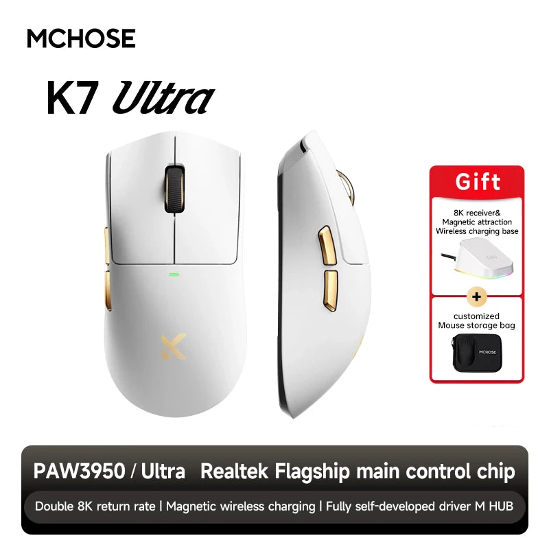 MCHOSE K7 Ultra Dual 8K Polling Rate Lightweight Magnetic Wireless Gaming Mouse PAW3950 Wireless Charging Dock Esports Office