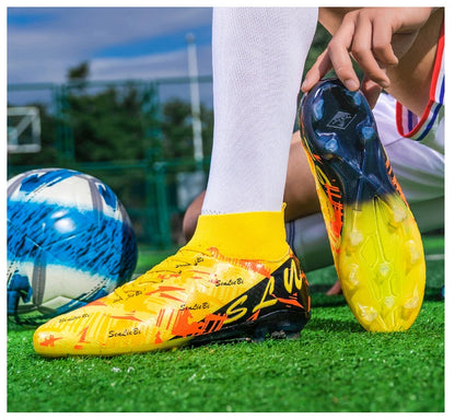 Sapatilhas de futebol de marca e estilo para homem e mulher, botas profissionais de campo, tamanho grande 46, pitões longos, chuteiras de futebol para homem