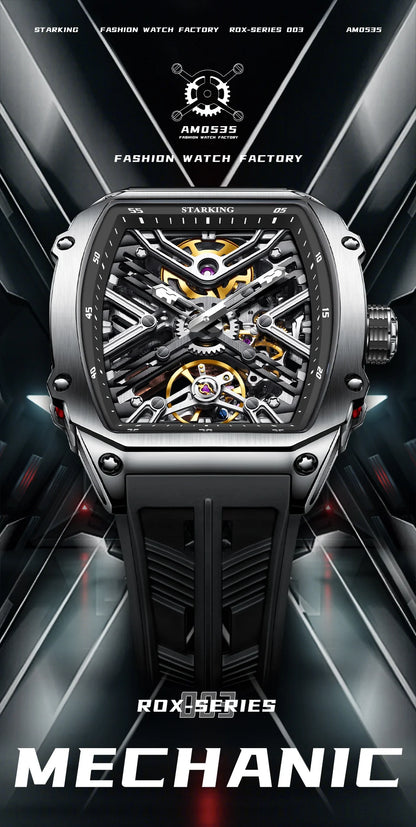 STARKING Men's Waterproof Sports Mechanical Watch, Wear-resistant Silicone Strap, Automatic, Luminous Tonneau Luxury Design