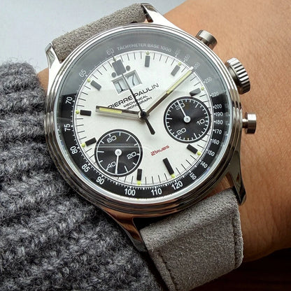New PIERRE PAULIN Big Date Retro 70's Vintage Panda Style Chronograph Mechanical Men's Complicated 38MM Luxury Sapphire Wrist