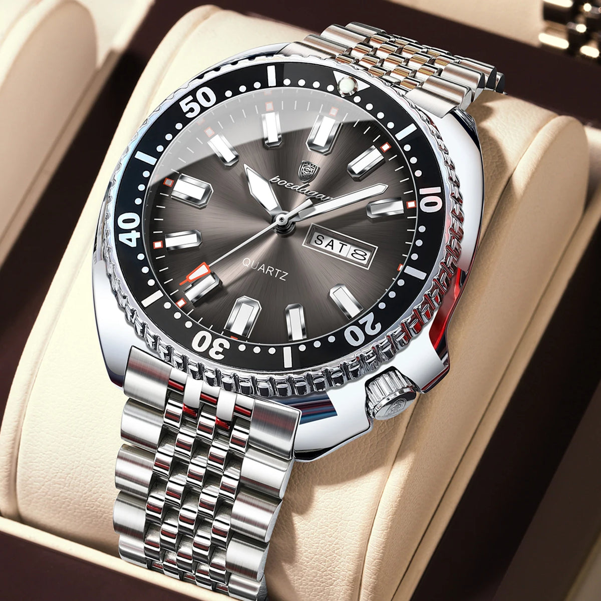Montre homme POEDAGAR de luxe, style business, avec date et jour de la semaine, étanche et lumineuse, en acier inoxydable et à quartz.