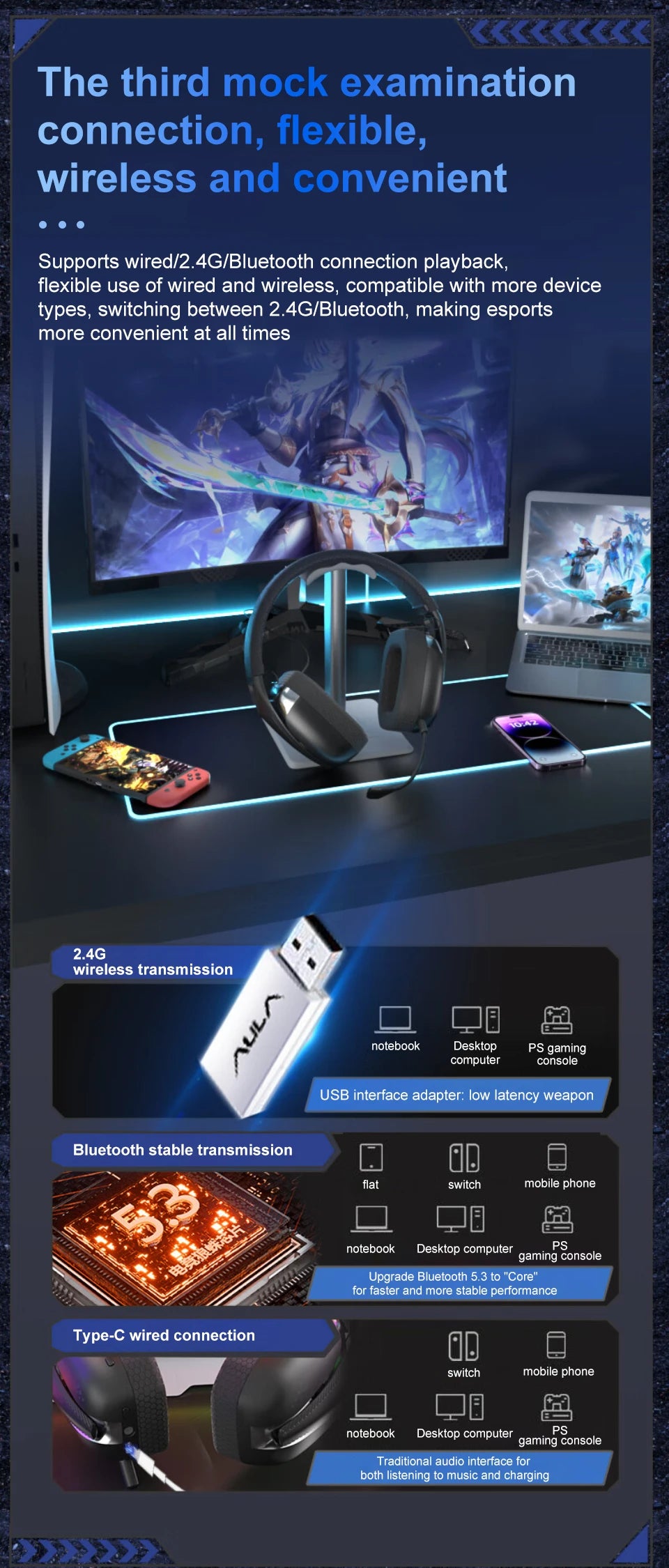 AULA S8 Gaming Headset Triple-Mode Wireless Bluetooth 5.3 Gaming Headset with Detachable Microphone, Lightweight Gaming Headset for PC, PS5, Switch & Mobile