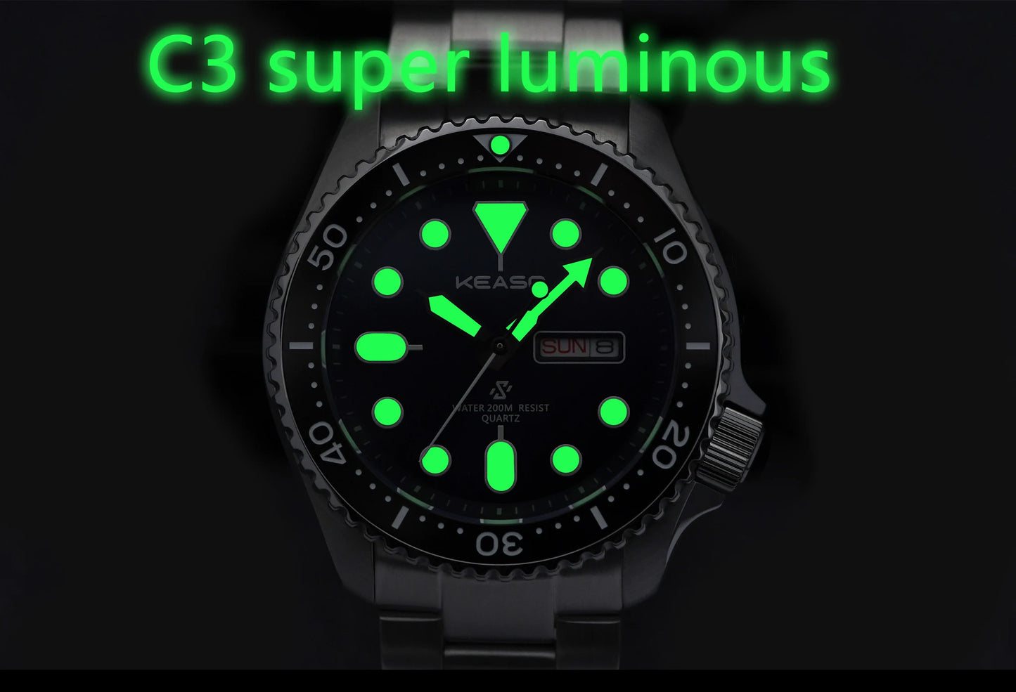 KEASO Top Men's Dive Watch C3 Super Luminous 316L Solid Steel 20Bar Waterproof Sapphire Mirror MIYOTA 2035 Quartz Movement Watch