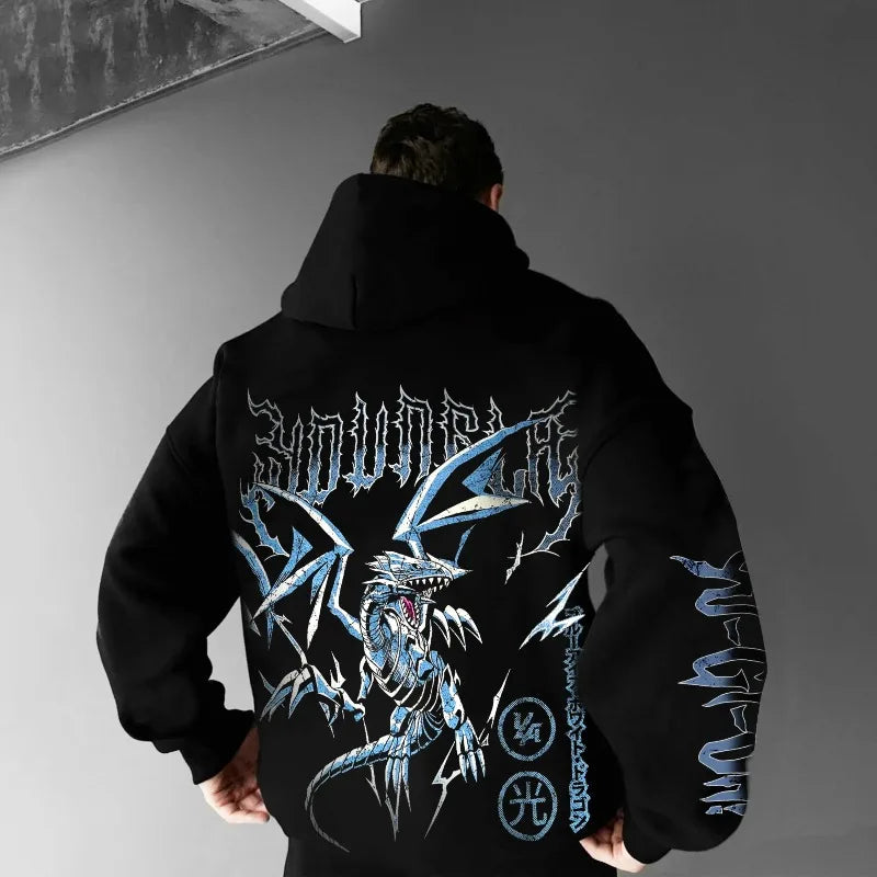 Sudadera con capucha ancha para hombre, de otoño/invierno, gruesa, estilo Y2K, con estampado del personaje clásico del anime Yu-Gi-Oh: el Dragón Blanco de Ojos Azules, ideal para Halloween y cosplay.