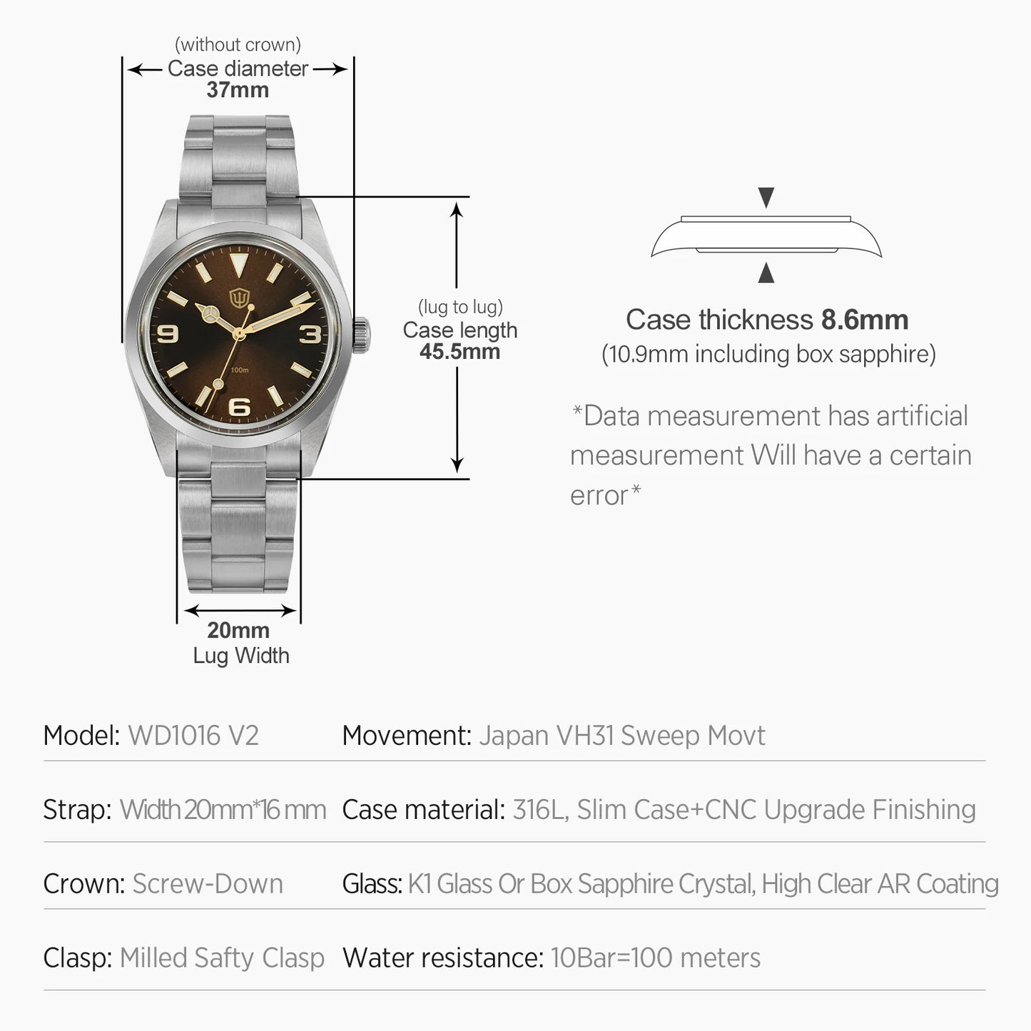 Watchdives WD1016 V3 37mm Watch VH31 Sweep Movement Stainless Steel Watches Luxury Sapphire 100m Waterproof Men Watch Box Gift