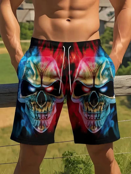 Pantalones cortos de playa para hombre con estampado de calaveras, pantalones cortos de surf con diseño gráfico 3D, para vacaciones, moda urbana, verano, estilo informal y psicodélico.