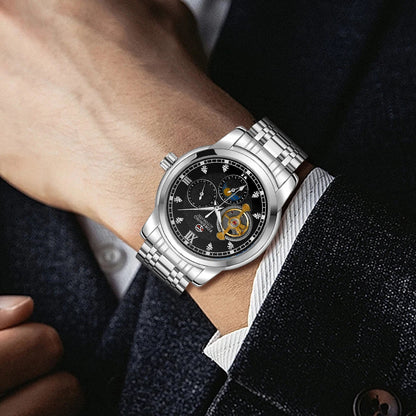 Pánské mechanické hodinky s automatickým nátahem značky Forsining – luxusní, businessový a módní styl, kovový náramek, tourbillon, luminiscenční ručičky, zdobené umělými diamanty