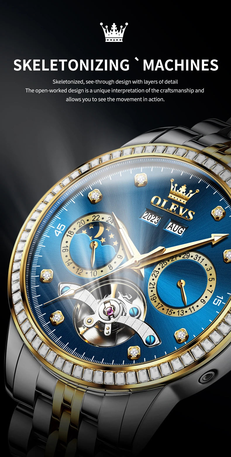OLEVS 7016 Automatic Man Watch Stainless Steel Diamond Bezel Skeleton Flywheel Moon Phase Luminous Waterproof Mechanical Watches
