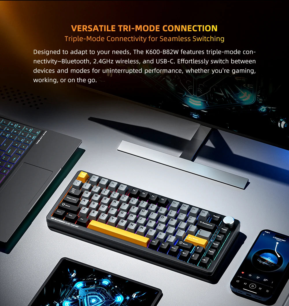 Machenike K600-B82W Mechanical Keyboard Tri-Modes Gasket Mounted 75% ANSI Layout RGB Backlit Wireless Gaming Keyboard