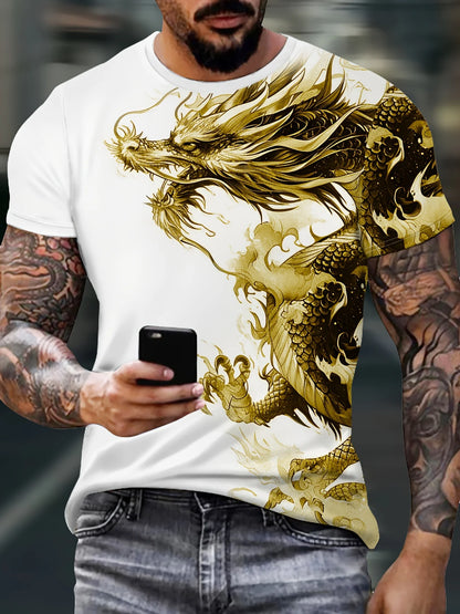Men's Dragon Print T-shirt Casual Breathable Fabric Graphic Tee Street Style Outdoor Fashion Short Sleeve Shirt Mens T-shirts