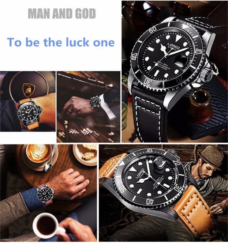 LOREO Original Men's Business Watch 20ATM Waterproof Wristwatch Top Brand Casual Sport Seagull Automatic Mechanical Watch Men