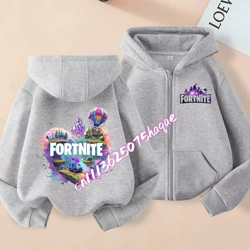 Casacos com capuz e fecho para criança Fortnites, sweatshirts Anime Fortress Night, sweatshirts gaming de primavera/outono, roupa desportiva infantil, presente