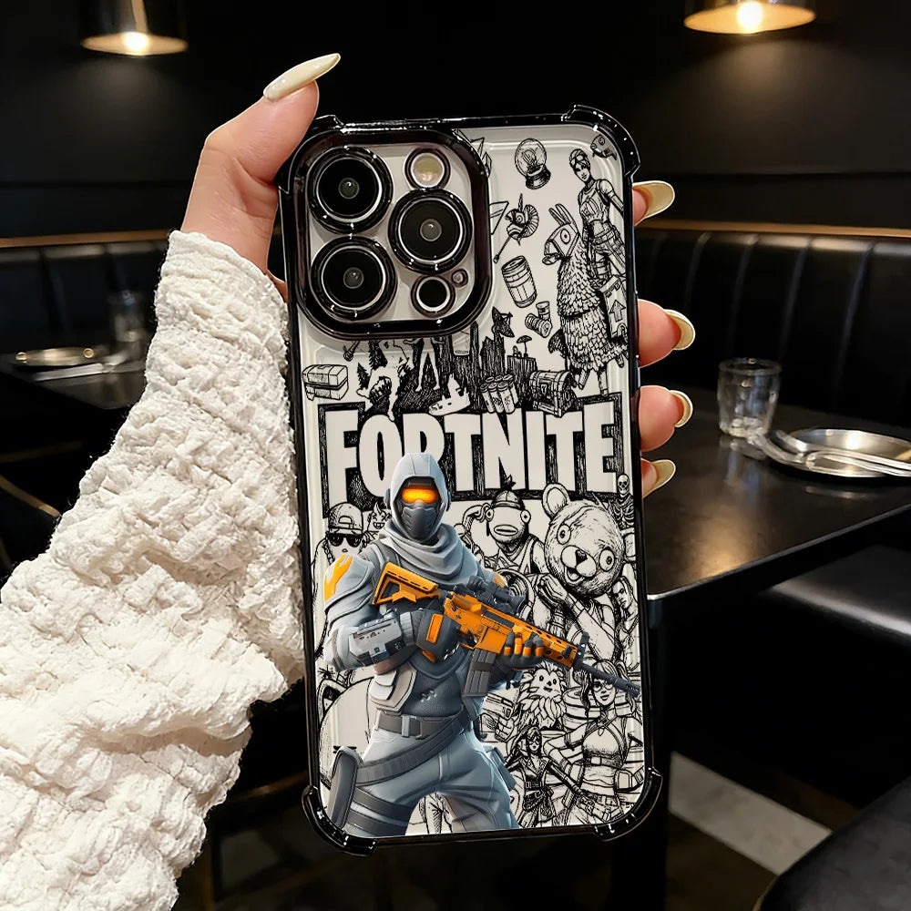 Популярен калъф за телефон с FortniteS дизайн и метализирано покритие за iPhone 17 17e 16e 16 15 14 13 12 11 Pro Max X XR XSMax 7 8 Mini Air Plus, против падане