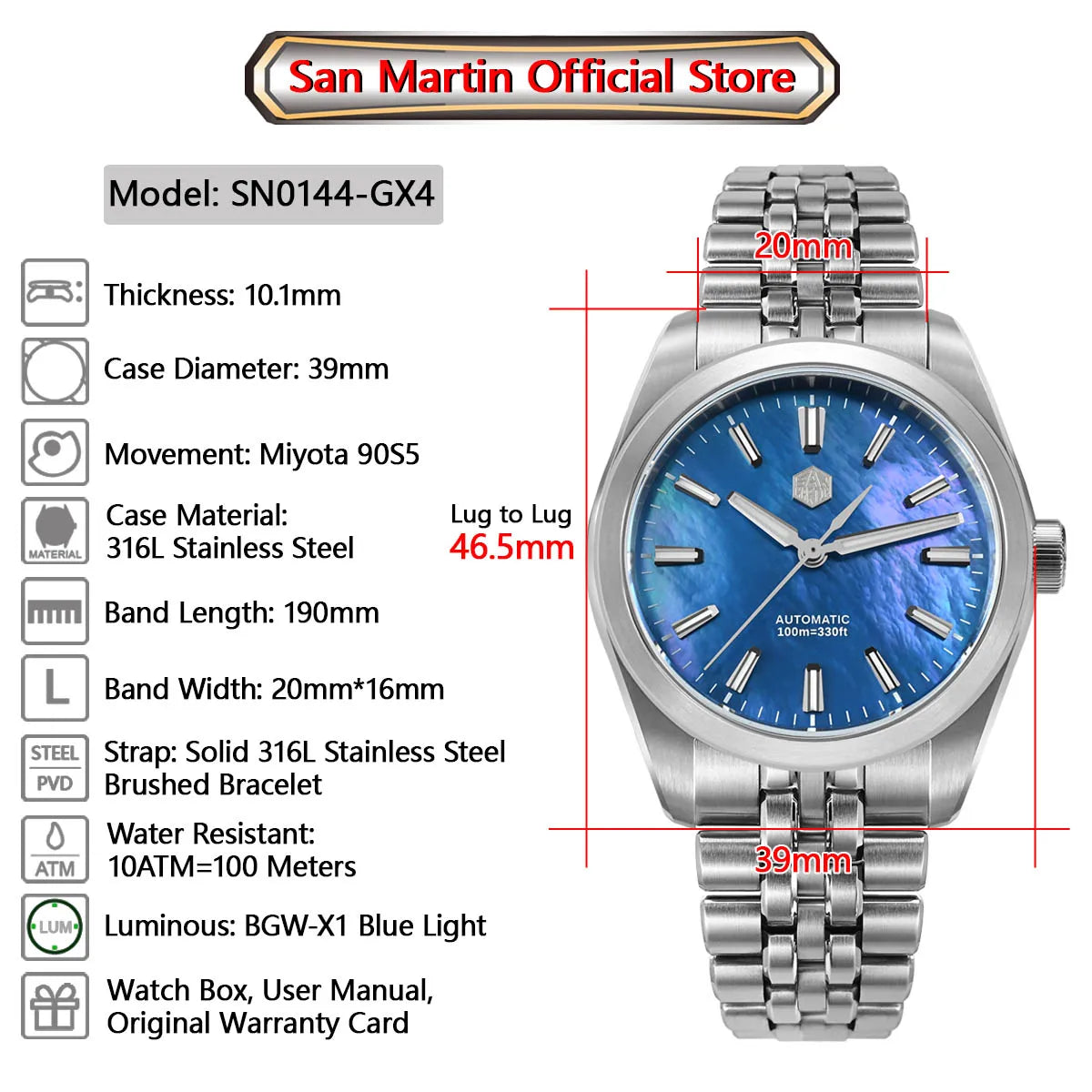 San Martin 39mm MOP Dial Sport Gada Watch Luxury Dress Men Miyota 90S5 Automatic Mechanical Wristwatch Waterproof 100m SN0144