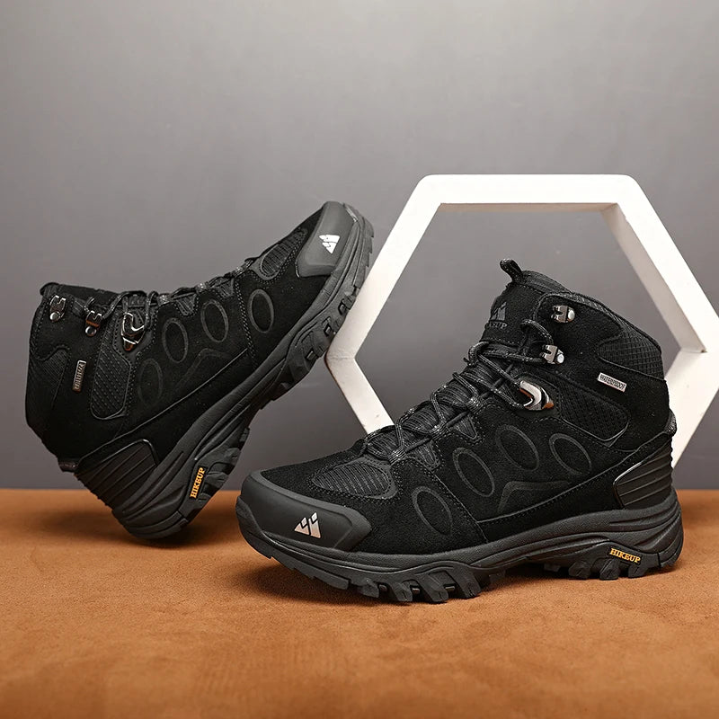 Botas de caminhada de cano alto para homem HIKEUP, calçado de inverno para exterior, com atacadores, antiderrapante, desportivo e casual, botas de trekking em camurça, quentes para homem