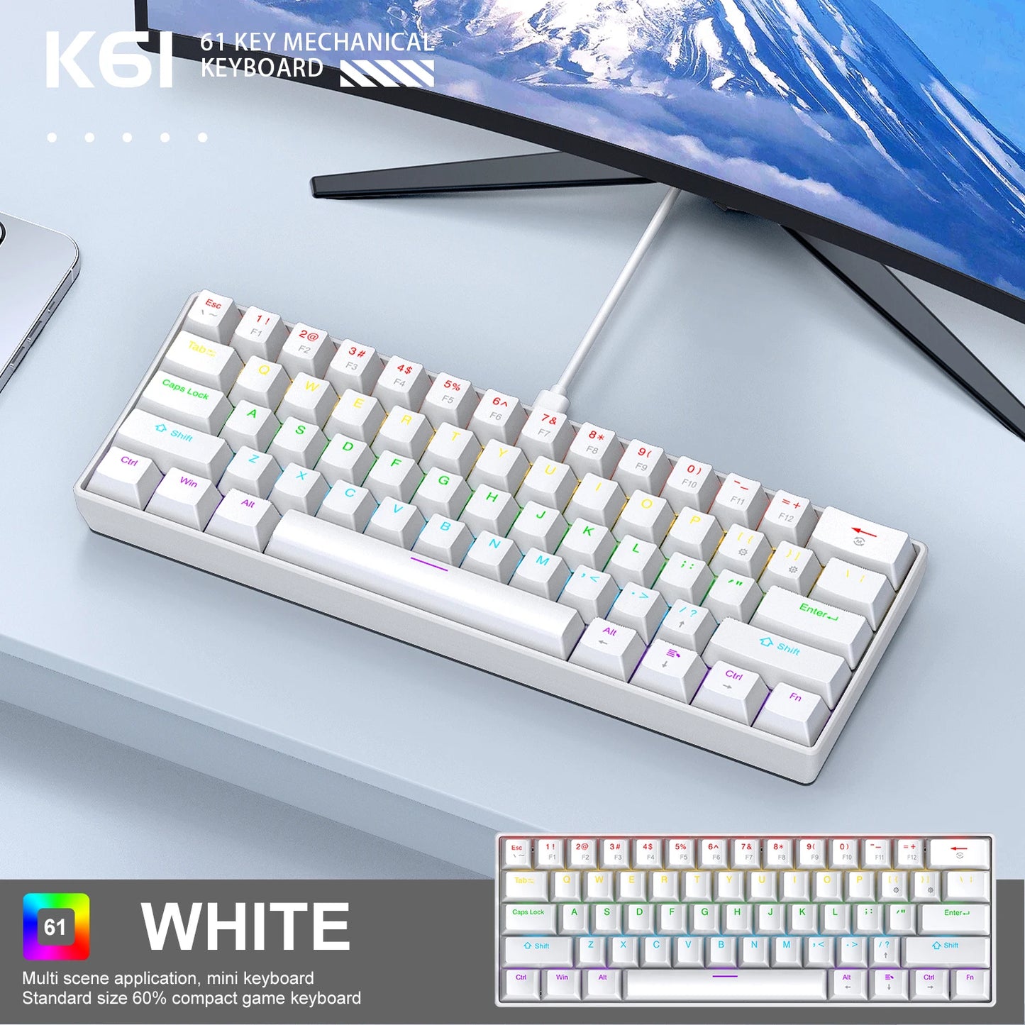 APAYADO K61 60% Mini Wired Gaming Mechanical Keyboard Phantom RGB, 61 Keys, Red/Blue Switch, Ergonomic, Portable for PC/Laptop