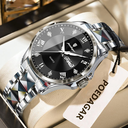 POEDAGAR herenhorloge, origineel luxemodel, waterdicht, verlicht, met datum- en dagweergave, elegante stijl, roestvrijstalen kast, quartz uurwerk, ideaal voor op het werk.