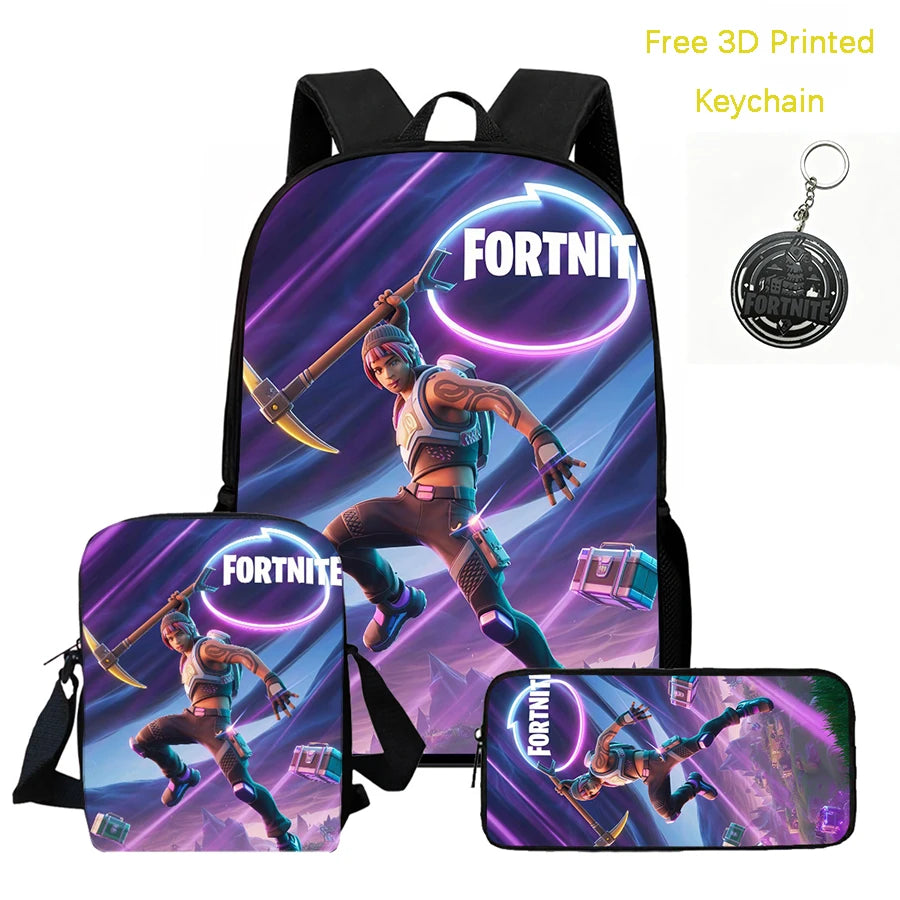 3Pcs Kids Backpack Set, Crossbody & Pencil Bag, FORTNITE Cartoon Bag, Lightweight for Boys Girls 5-10, Free 3D Printed Keychain