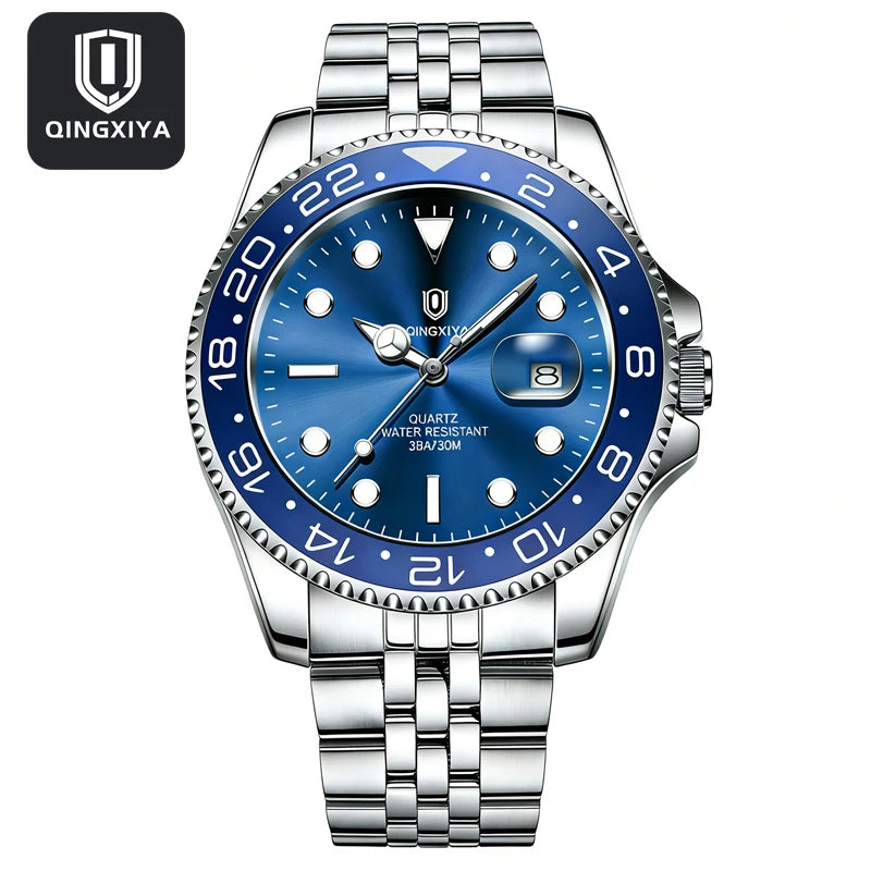 QINGXIYA Luxe herenhorloges met kwartsmechanisme, roestvrij staal, waterdicht, verlicht, datumweergave, herenpolshorloge, reloj hombre
