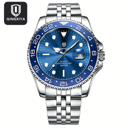 QINGXIYA Luxe herenhorloges met kwartsmechanisme, roestvrij staal, waterdicht, verlicht, datumweergave, herenpolshorloge, reloj hombre