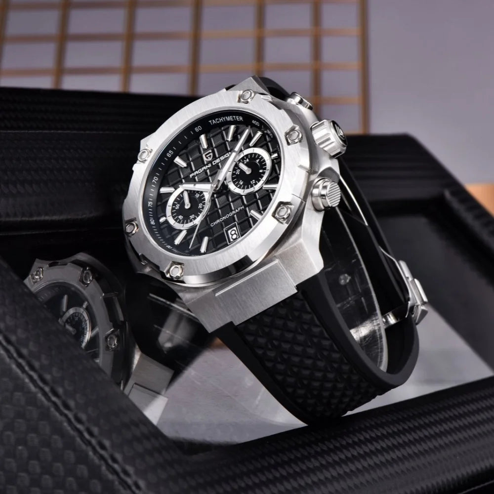 PAGANI DESIGN PD-YS032 Men's Quartz Watch 44mm Japan VK64 Movement Stainless Steel Case Rubber Strap Sapphire Glass 100M Waterproof