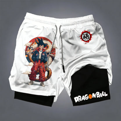 Pantalones cortos de doble capa para hombre de Dragon Ball, Son Goku, verano, anime japonés, imitación, dos piezas, deportivos, fitness, de secado rápido