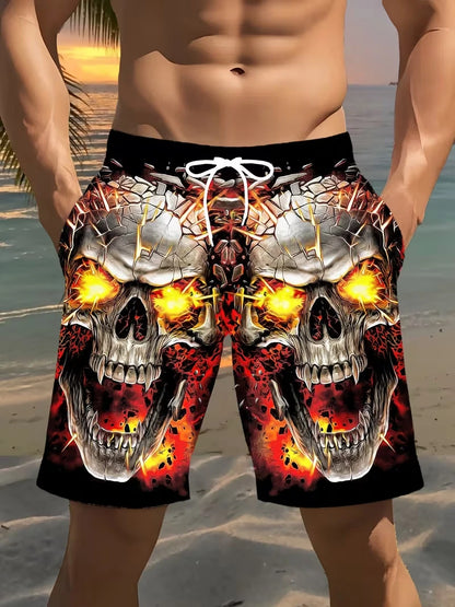Pantalones cortos de playa para hombre con estampado de calaveras, pantalones cortos de surf con diseño gráfico 3D, para vacaciones, moda urbana, verano, estilo informal y psicodélico.