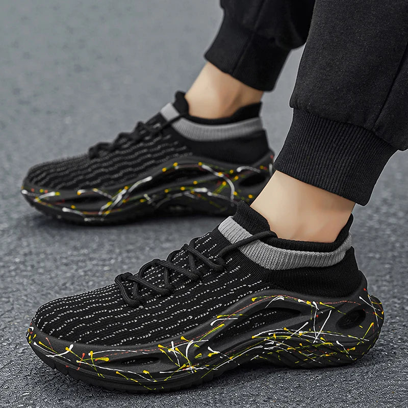 Sapatilhas desportivas para homem em malha leve e macia, sola espessa antiderrapante, estilo ténis, nova moda de primavera, com atacadores, para fitness ao ar livre e corrida