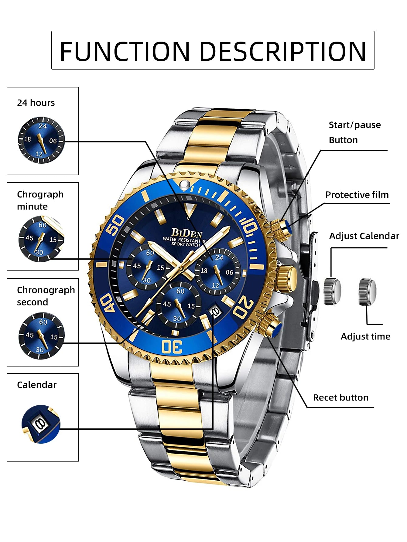 BIDEN Multi-functional men's quartz watch luxury waterproof night light business style diving series casual fashion watch