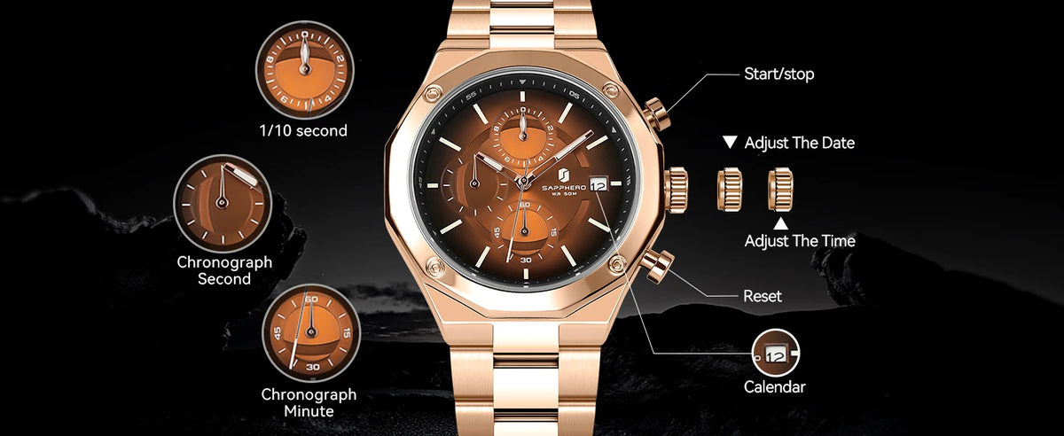 SAPPHERO Roségouden herenhorloge, modieus luxe horloge, roestvrijstalen horloge, waterdicht tot 50 m, herenhorloge, nieuwjaarscadeaus