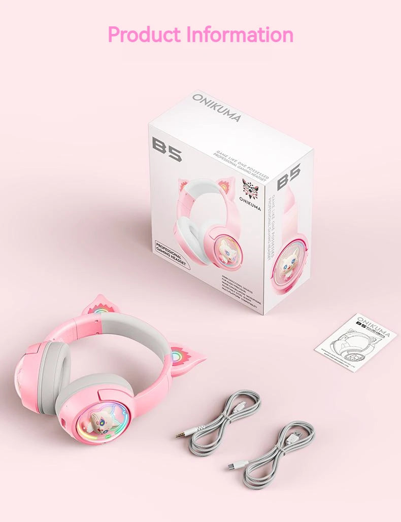 ONIKUMA B5 Wireless Gaimng Headset with Cat Ears Surround Sound Headphone Over-Ear For PC Laptop Games And Music Gamer Headphone