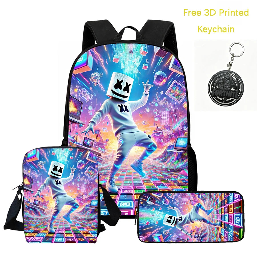 3Pcs Kids Backpack Set, Crossbody & Pencil Bag, FORTNITE Cartoon Bag, Lightweight for Boys Girls 5-10, Free 3D Printed Keychain