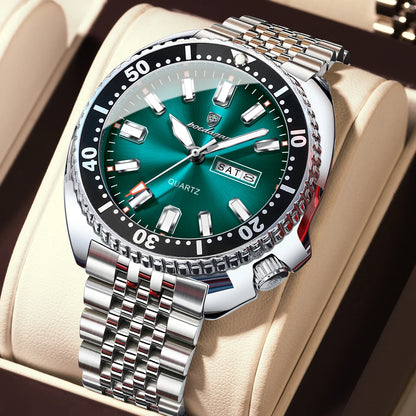 Montre homme POEDAGAR de luxe, style business, avec date et jour de la semaine, étanche et lumineuse, en acier inoxydable et à quartz.