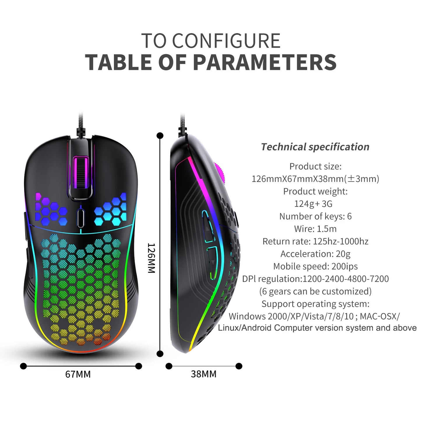 USB Wired Gaming Office Mouse Mechanical Mouse USB Illuminated Mouse 7200DPI Adjustable Optical Gaming Mouse for Desktop Laptop