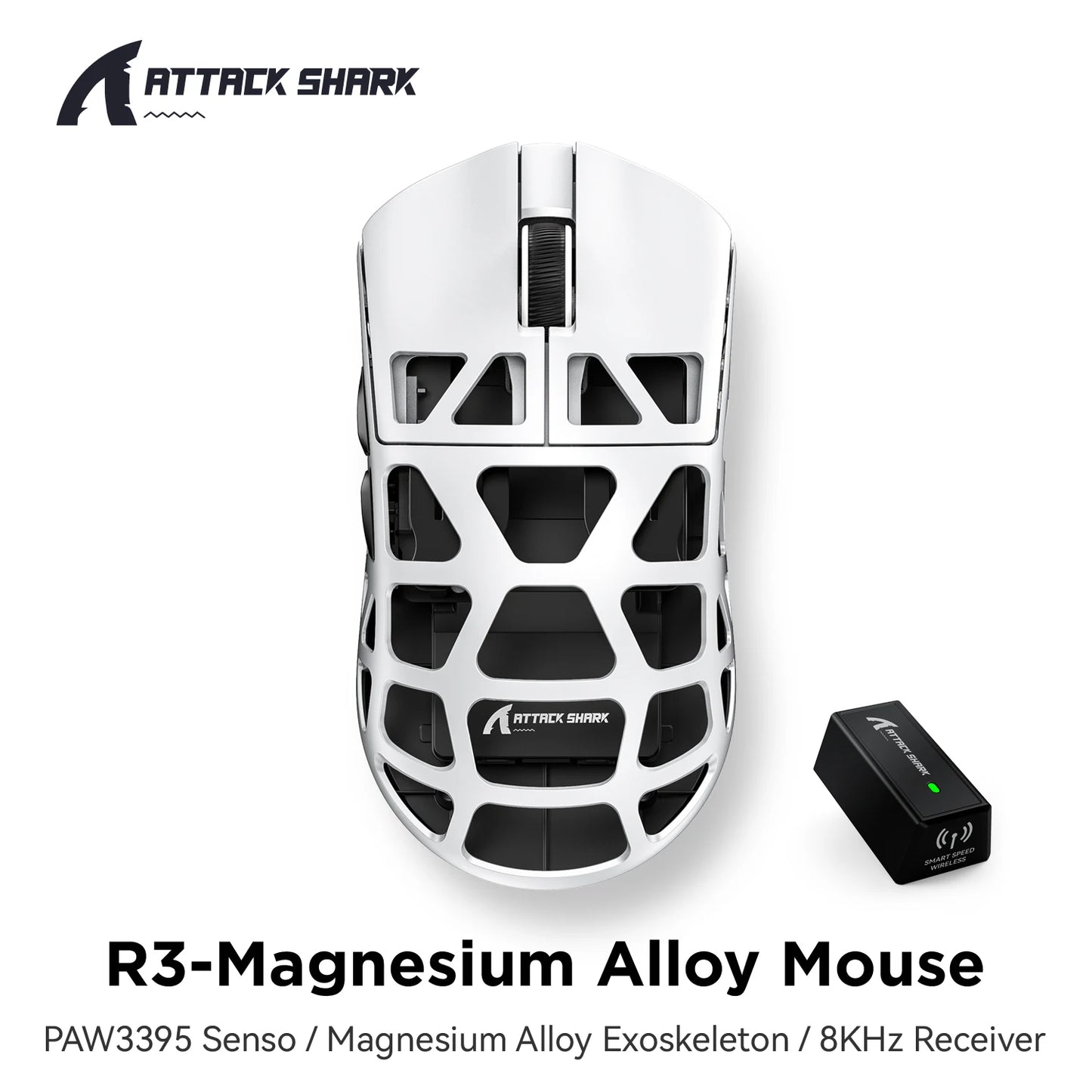 Gaming miška ATTACK SHARK R3 iz magnezijeve zlitine s satasto strukturo, izjemno lahka, 8K Hz, senzor PAW3395, 26000 DPI, ergonomska zasnova