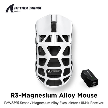 Gaming miška ATTACK SHARK R3 iz magnezijeve zlitine s satasto strukturo, izjemno lahka, 8K Hz, senzor PAW3395, 26000 DPI, ergonomska zasnova