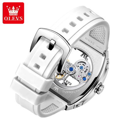  OLEVS Automatic Men Watch White Rubber Strap Mechanical Tourbillon Watches Men Luminous Watches Waterproof